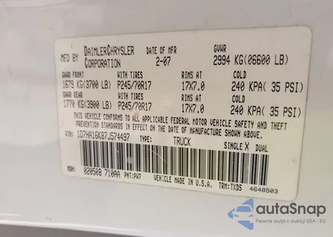 2007 Dodge Ram 1500 St z USA, uszkodzony, nr VIN 1D7HA16K87J574497